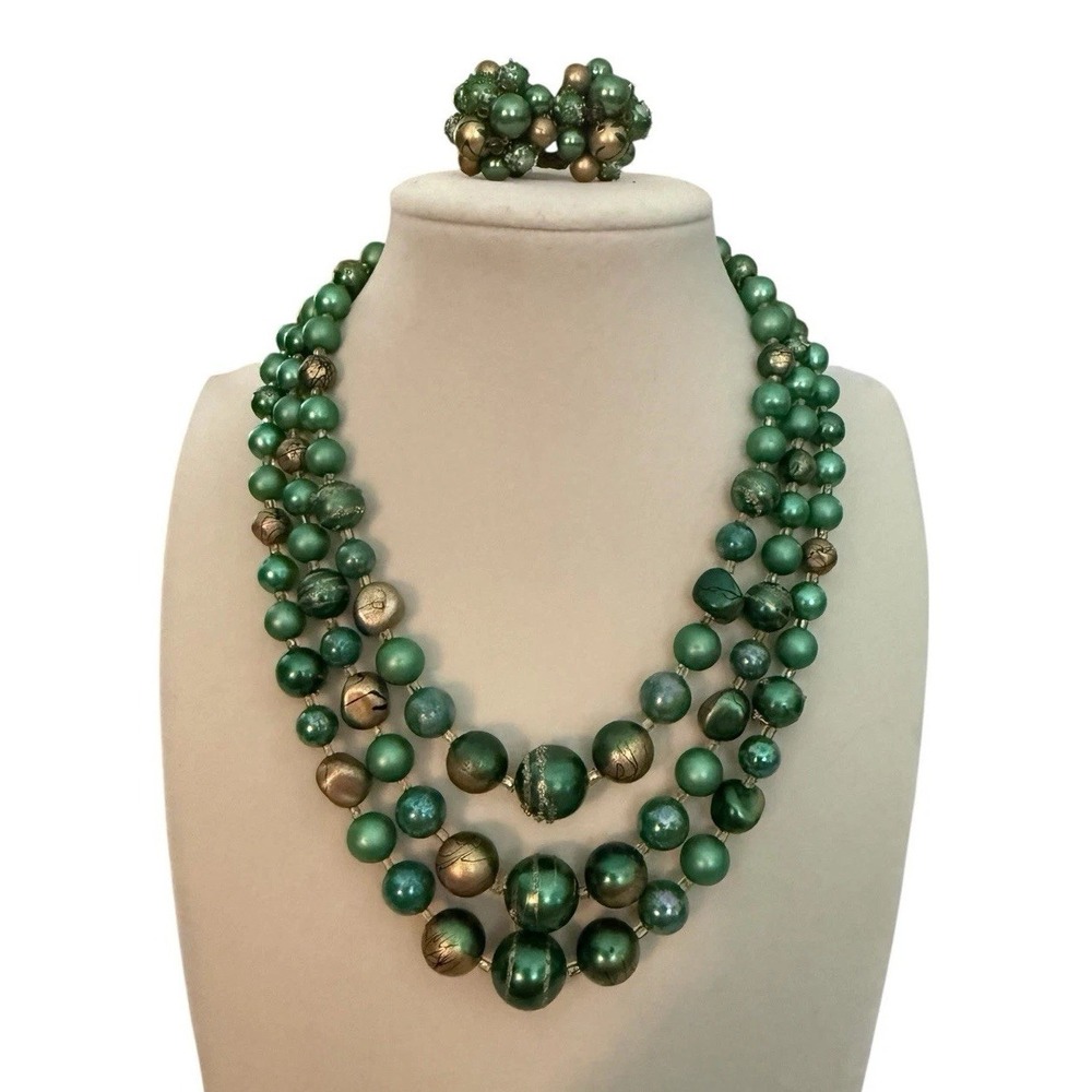 Vintage Japan Green Art Glass 3 Strand Necklace Clip Earring Set Mid Century